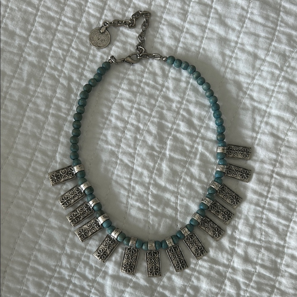 Blue and Silver Fringe Necklace with Beaded Design